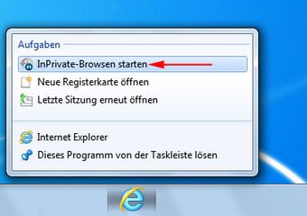Internet Explorer privater Modus über Taskleiste