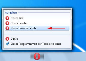 Opera privater Modus über Taskleiste