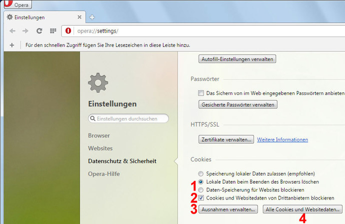 Cookie-Einstellungen in Opera